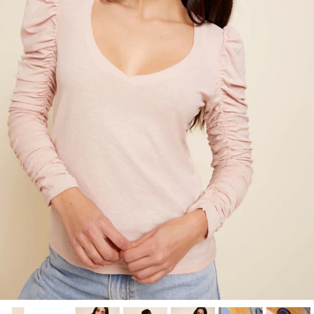 NATION LTD Renee puff shirred long sleeved v neck top in BLACK XS